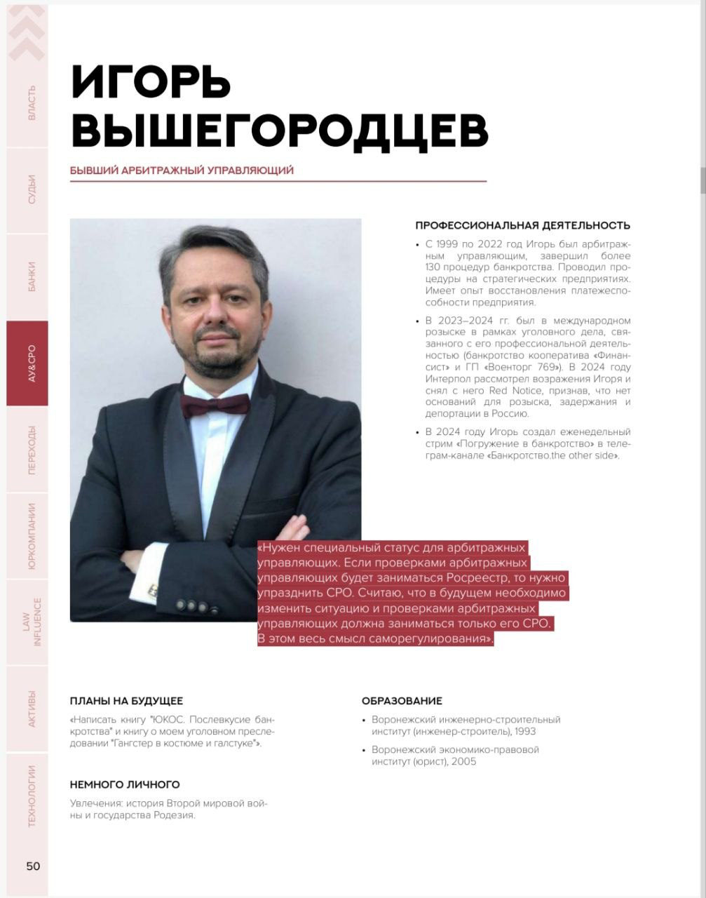 Страница об Игоре Вышегородцеве в рейтинге PROбанкротство